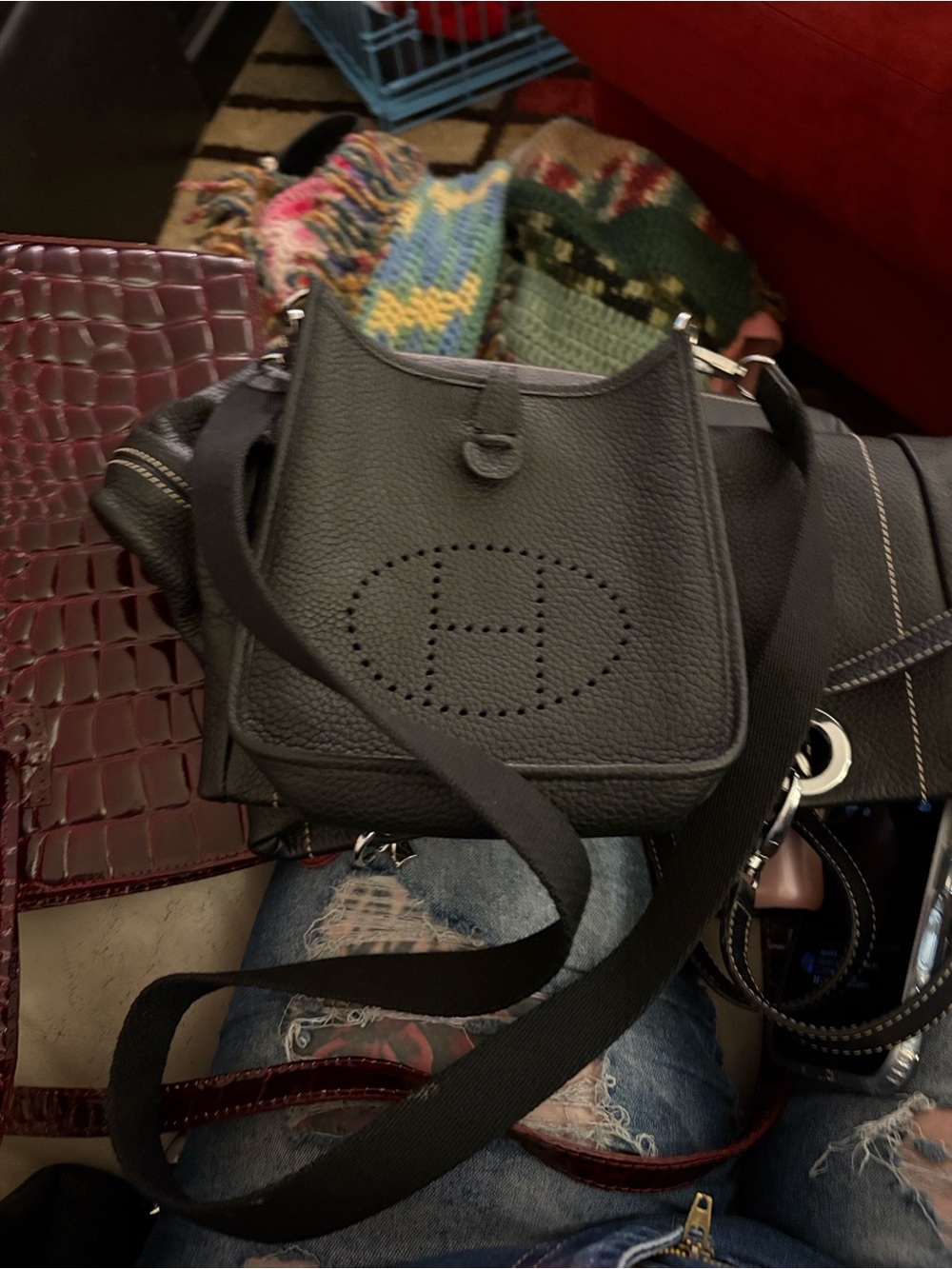Black Perforated Oval Logo Leather Crossbody Bag